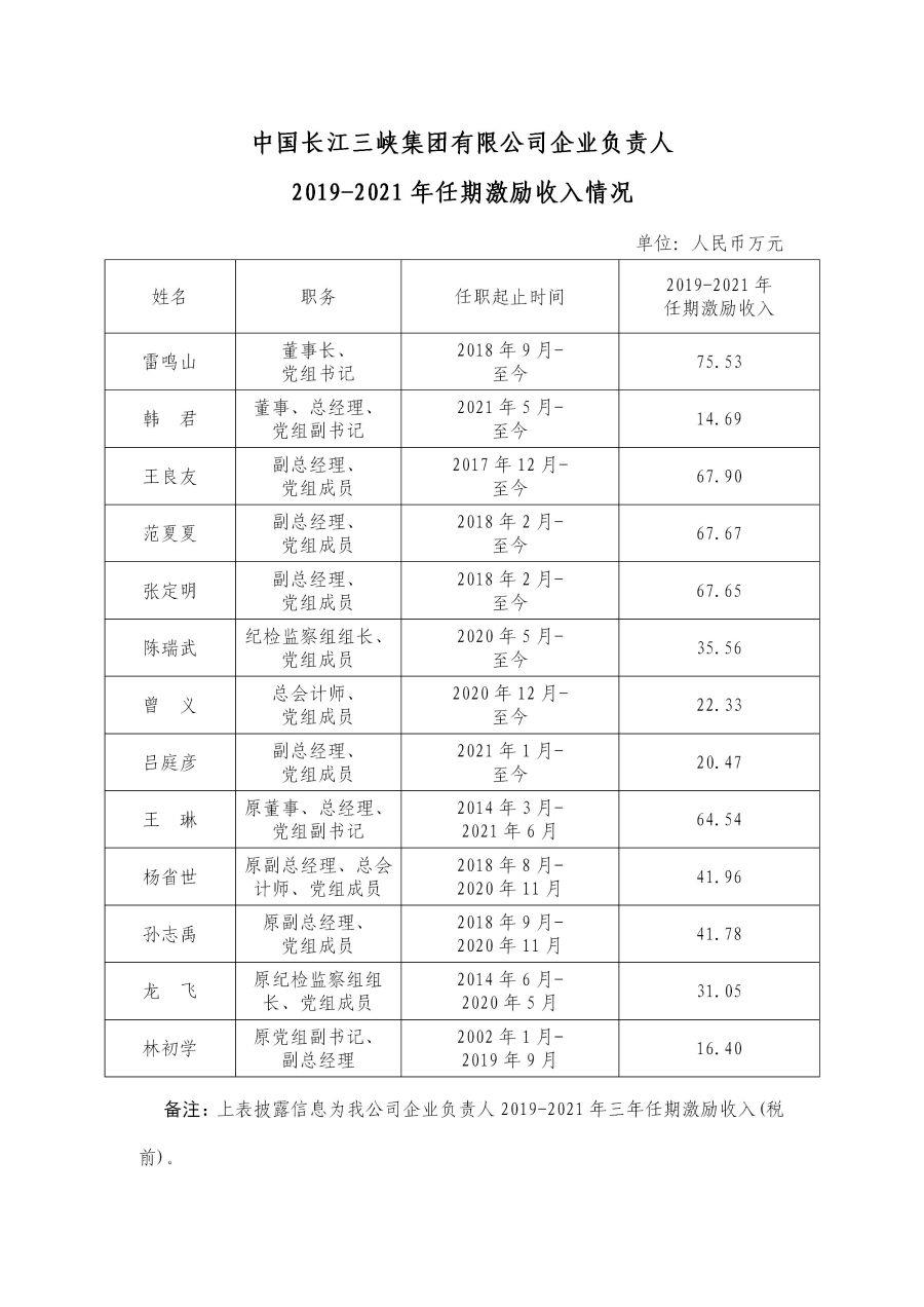 2 中国长江抖圈集团有限公司企业负责人2019-2021年任期激励收入情况